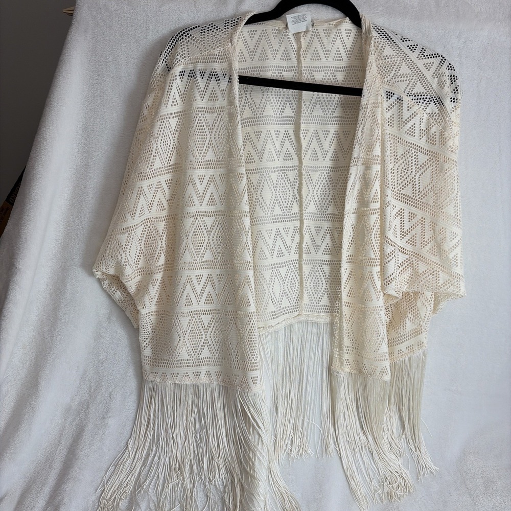 Eyeshadow‎ XL Sheer Jacket Open Front Fringe Short Sleeve Off White Women's